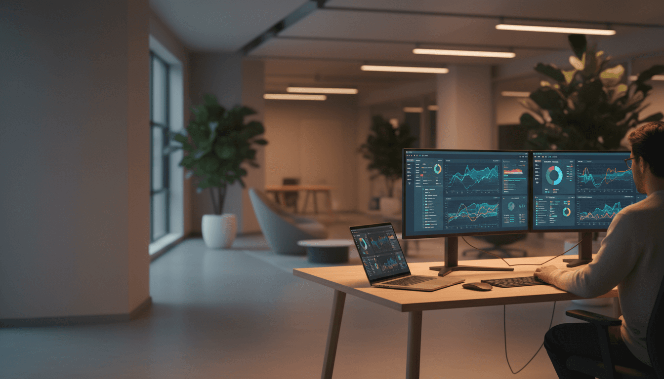 Professional digital marketer reviewing analytics and campaign performance on monitors in a modern Albuquerque office