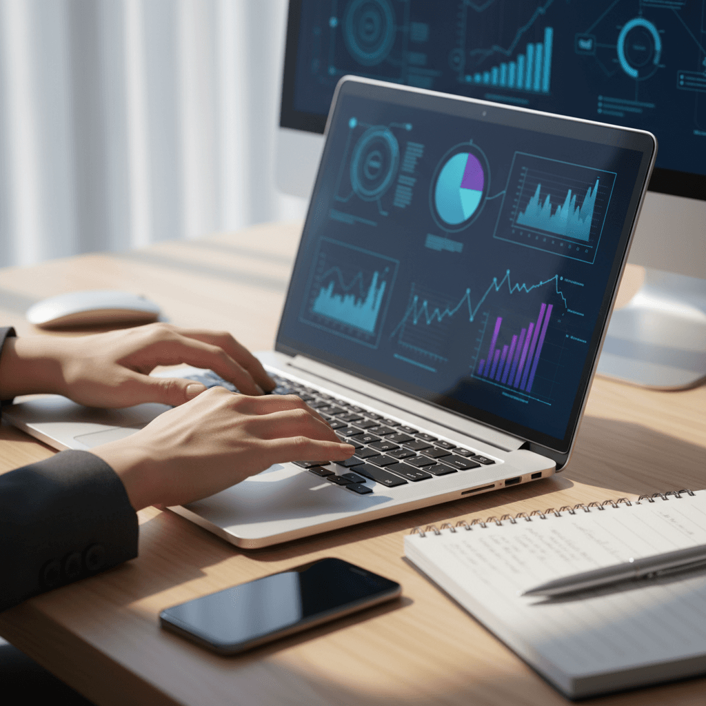 Professional strategist working on digital marketing at modern workspace