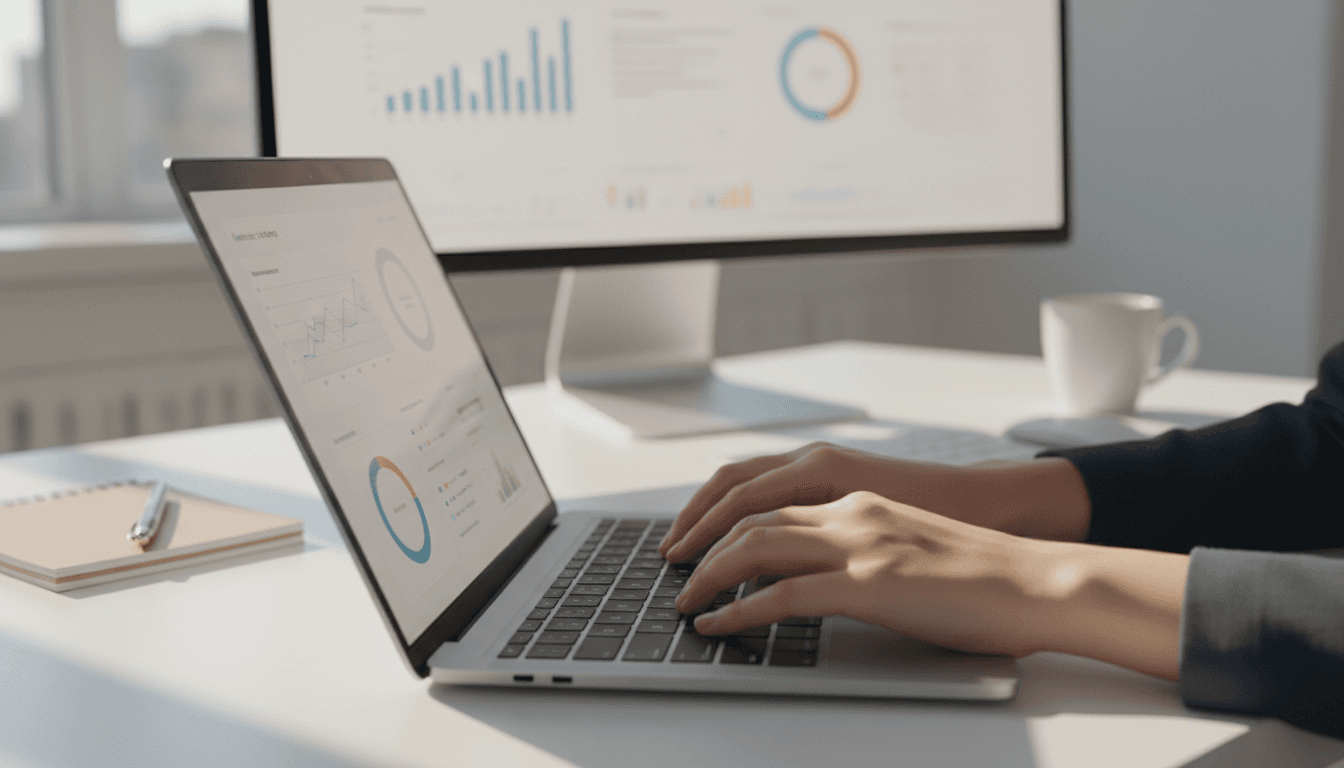 Digital marketing strategy workspace with analytics dashboard on laptop screen