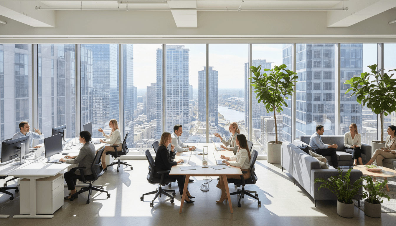 Professional team collaborating on digital marketing strategy in a modern office