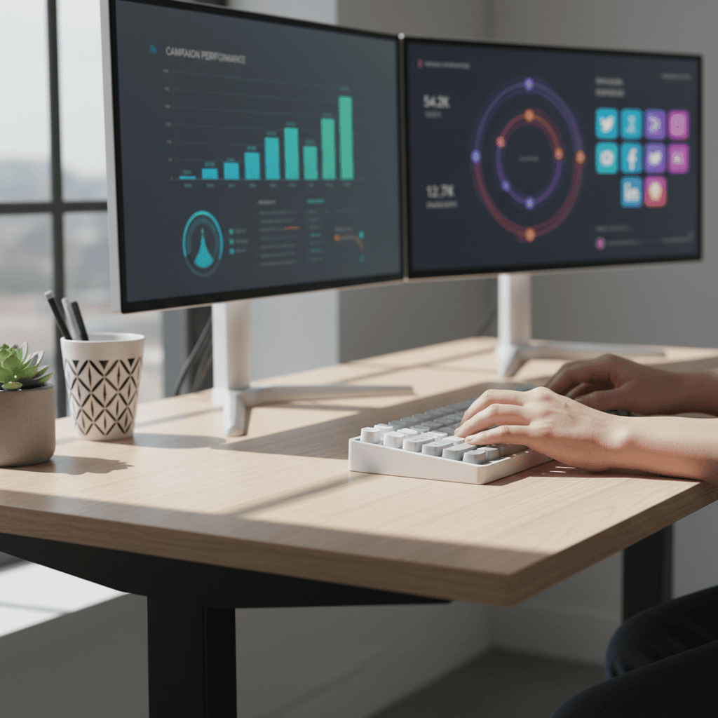 Digital marketing strategist analyzing campaign performance data on multiple screens