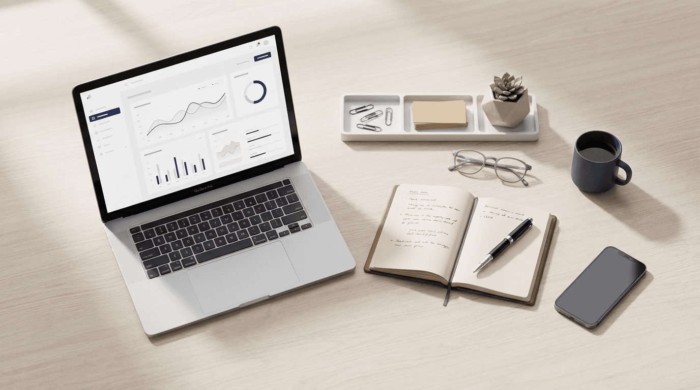 Professional workspace with laptop showing analytics and growth charts