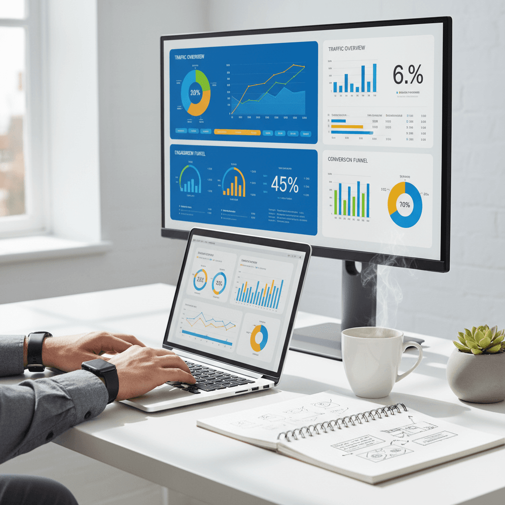 Professional reviewing digital marketing analytics and growth data on laptop in modern office